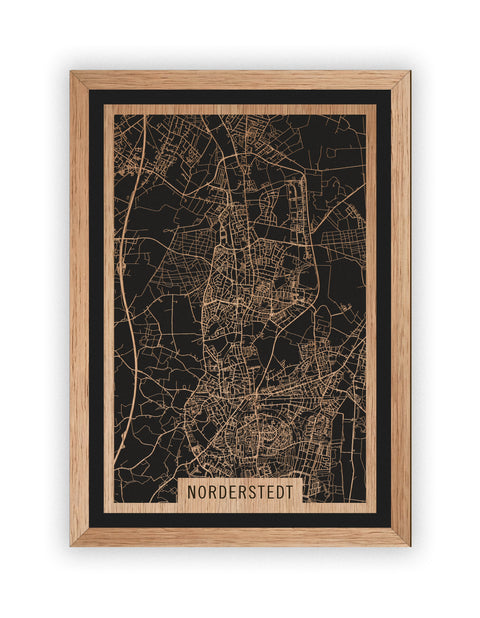 Stadtplan Norderstedt aus Holz – Wandbild in Eiche mit Rahmen