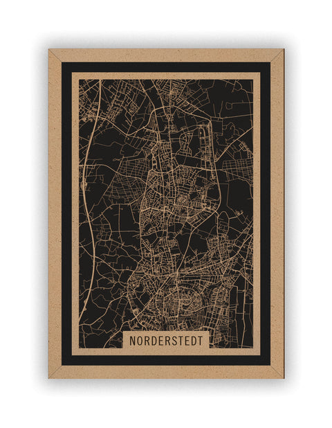 Stadtplan Norderstedt aus Holz – Wandbild in Natur mit Rahmen