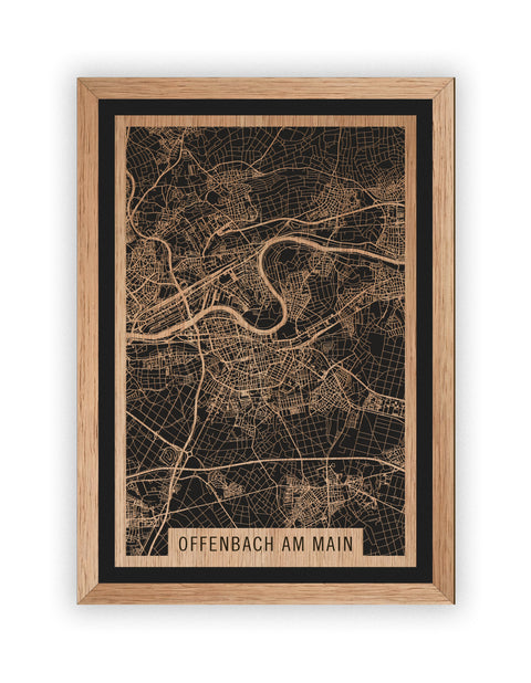 Stadtplan Offenbach am Main aus Holz – Wandbild in Eiche mit Rahmen