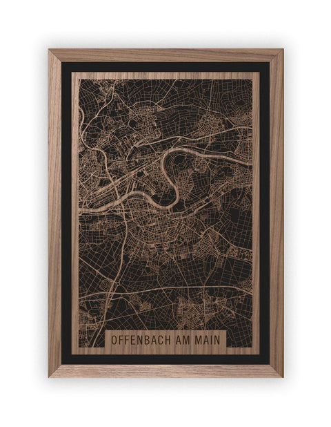 Stadtplan Offenbach am Main aus Holz – Wandbild in Nussbaum mit Rahmen