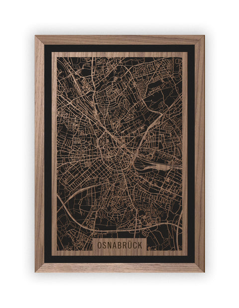 Stadtplan Osnabrück aus Holz – Wandbild in Nussbaum mit Rahmen