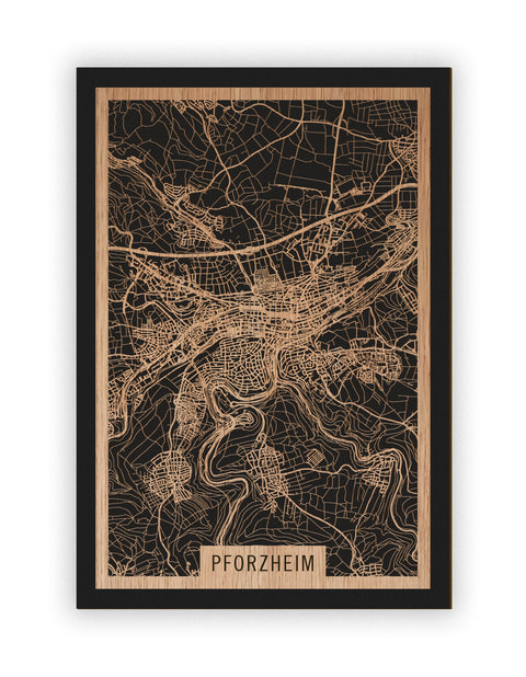 Stadtplan Pforzheim aus Holz – Wandbild in Eiche ohne Rahmen
