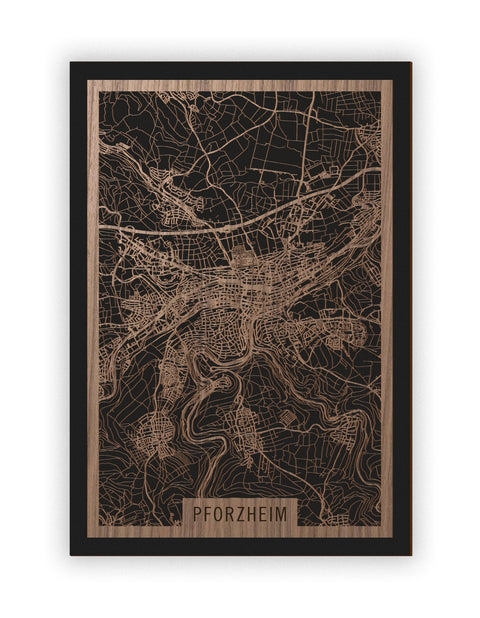 Stadtplan Pforzheim aus Holz – Wandbild in Nussbaum ohne Rahmen