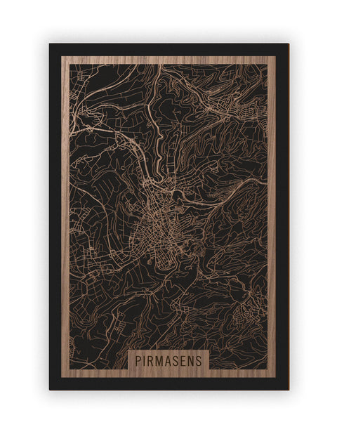 Stadtplan Pirmasens aus Holz – Wandbild in Nussbaum ohne Rahmen