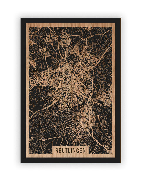 Stadtplan Reutlingen aus Holz – Wandbild in Eiche ohne Rahmen