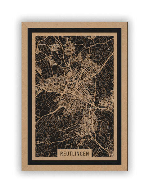 Stadtplan Reutlingen aus Holz – Wandbild in Natur mit Rahmen