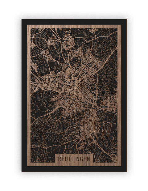 Stadtplan Reutlingen aus Holz – Wandbild in Nussbaum ohne Rahmen
