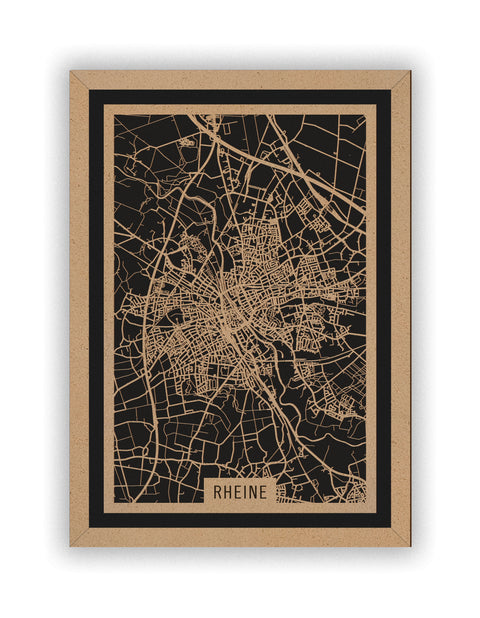 Stadtplan Rheine aus Holz – Wandbild in Natur mit Rahmen