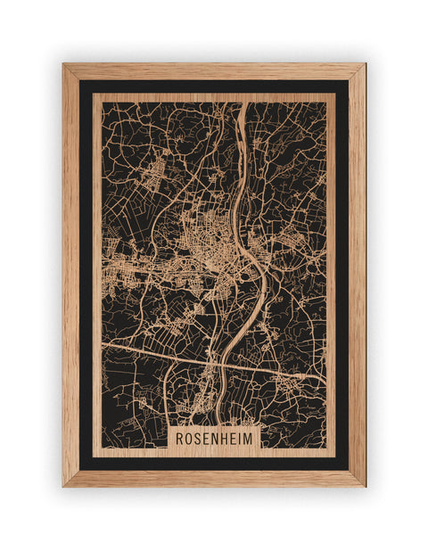 Stadtplan Rosenheim aus Holz – Wandbild in Eiche mit Rahmen