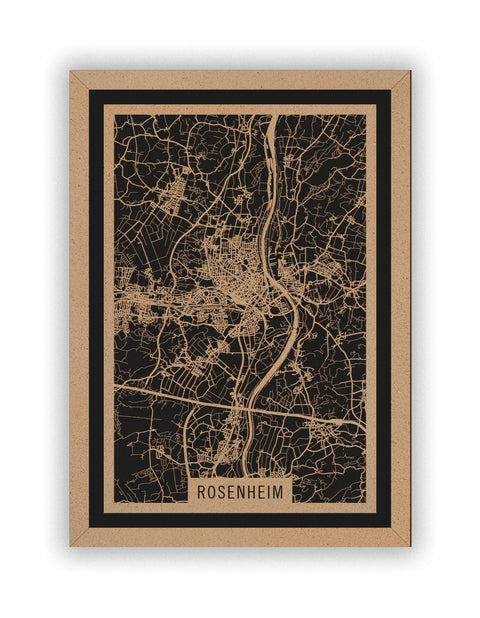 Stadtplan Rosenheim aus Holz – Wandbild in Natur mit Rahmen