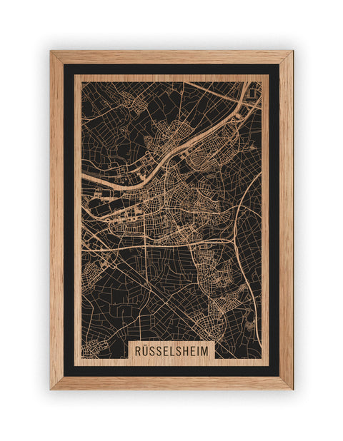 Stadtplan Rüsselsheim aus Holz – Wandbild in Eiche mit Rahmen