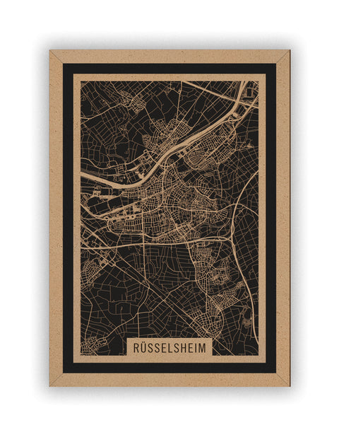 Stadtplan Rüsselsheim aus Holz – Wandbild in Natur mit Rahmen