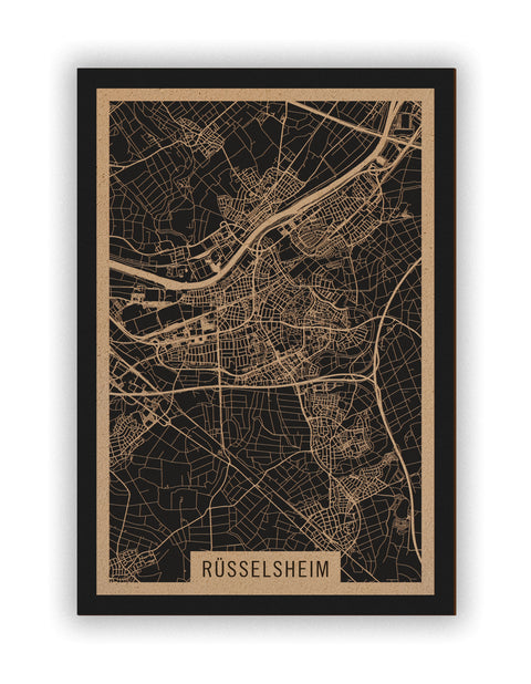 Stadtplan Rüsselsheim aus Holz – Wandbild in Natur ohne Rahmen