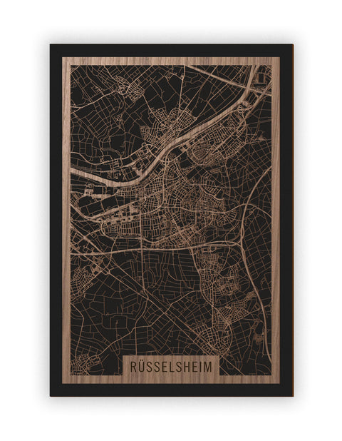 Stadtplan Rüsselsheim aus Holz – Wandbild in Nussbaum ohne Rahmen