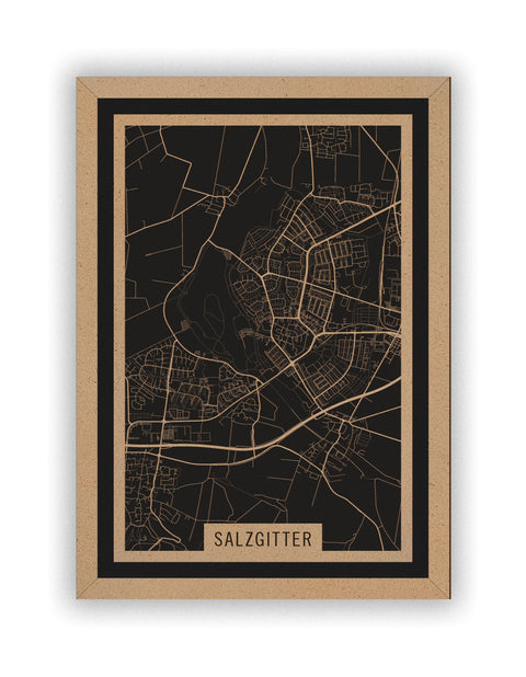 Stadtplan Salzgitter aus Holz – Wandbild in Natur mit Rahmen