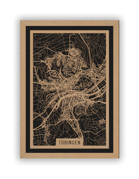 Stadtplan Tübingen aus Holz – Wandbild in Natur mit Rahmen