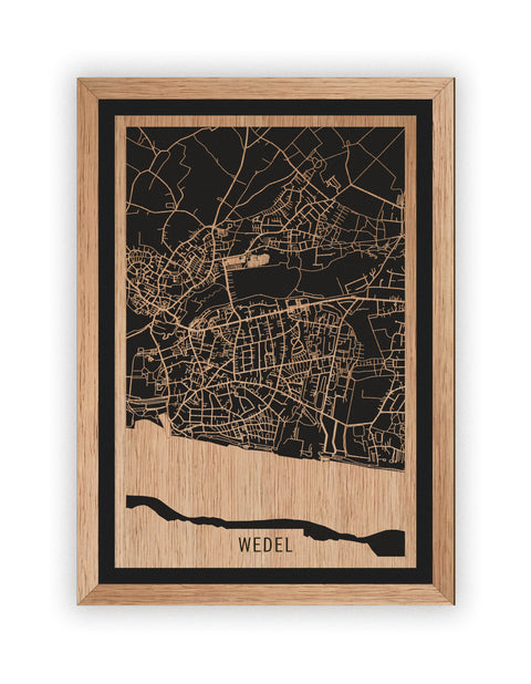 Stadtplan Wedel aus Holz – Wandbild in Eiche mit Rahmen