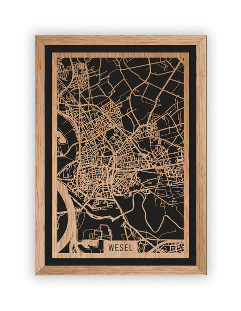 Stadtplan Wesel aus Holz – Wandbild in Eiche mit Rahmen