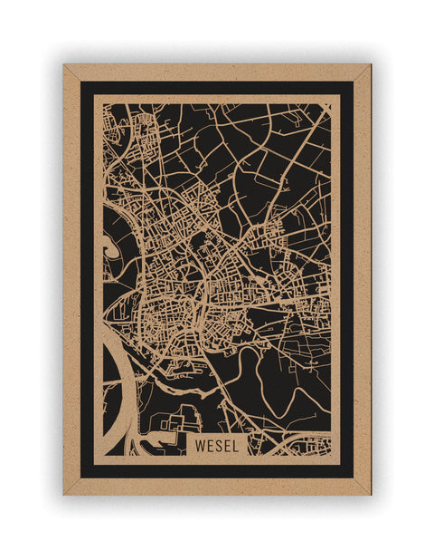 Stadtplan Wesel aus Holz – Wandbild in Natur mit Rahmen