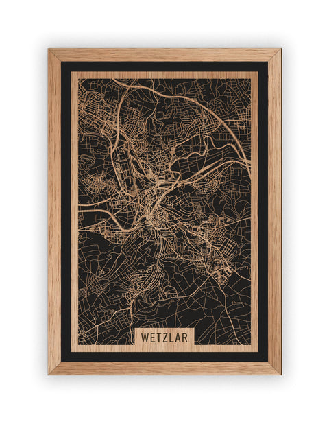 Stadtplan Wetzlar aus Holz – Wandbild in Eiche mit Rahmen