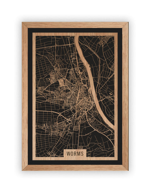 Stadtplan Worms aus Holz – Wandbild in Eiche mit Rahmen