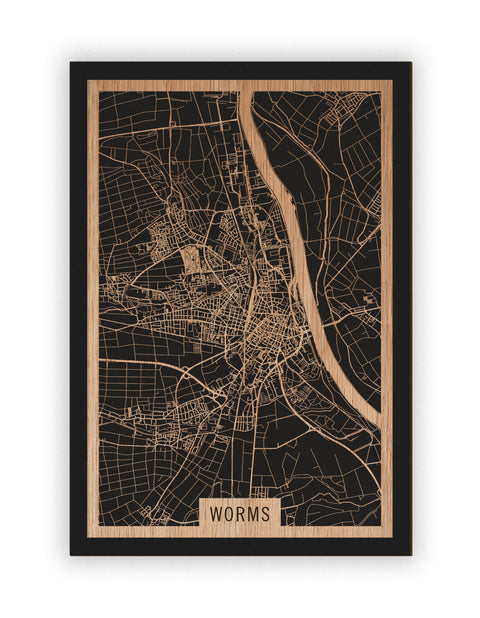 Stadtplan Worms aus Holz – Wandbild in Eiche ohne Rahmen