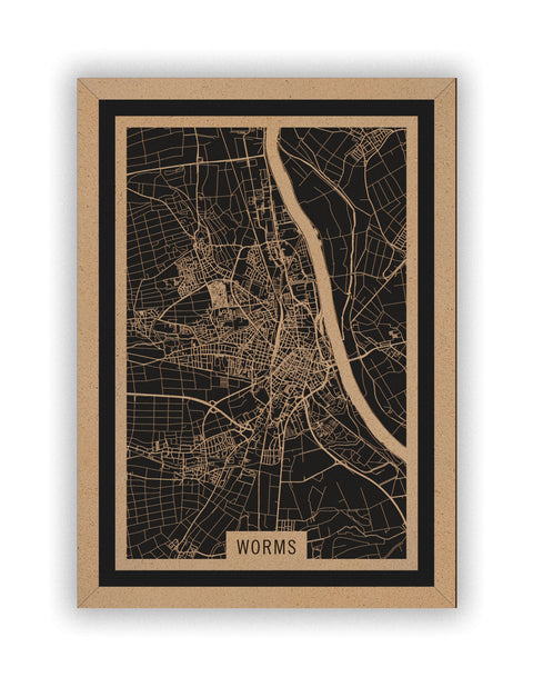 Stadtplan Worms aus Holz – Wandbild in Natur mit Rahmen