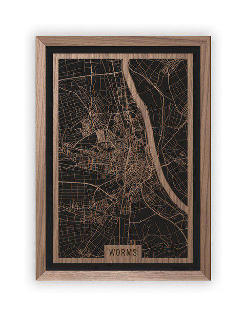 Stadtplan Worms aus Holz – Wandbild in Nussbaum mit Rahmen