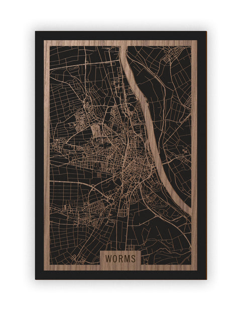 Stadtplan Worms aus Holz – Wandbild in Nussbaum ohne Rahmen