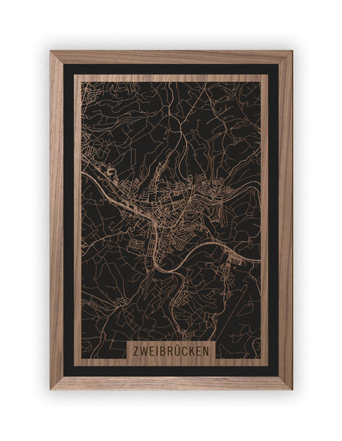 Stadtplan Zweibrücken aus Holz – Wandbild in Nussbaum mit Rahmen
