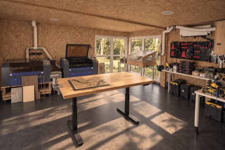 Heller Workshop mit Laserschneidanlagen, Holztisch und Werkzeugwand