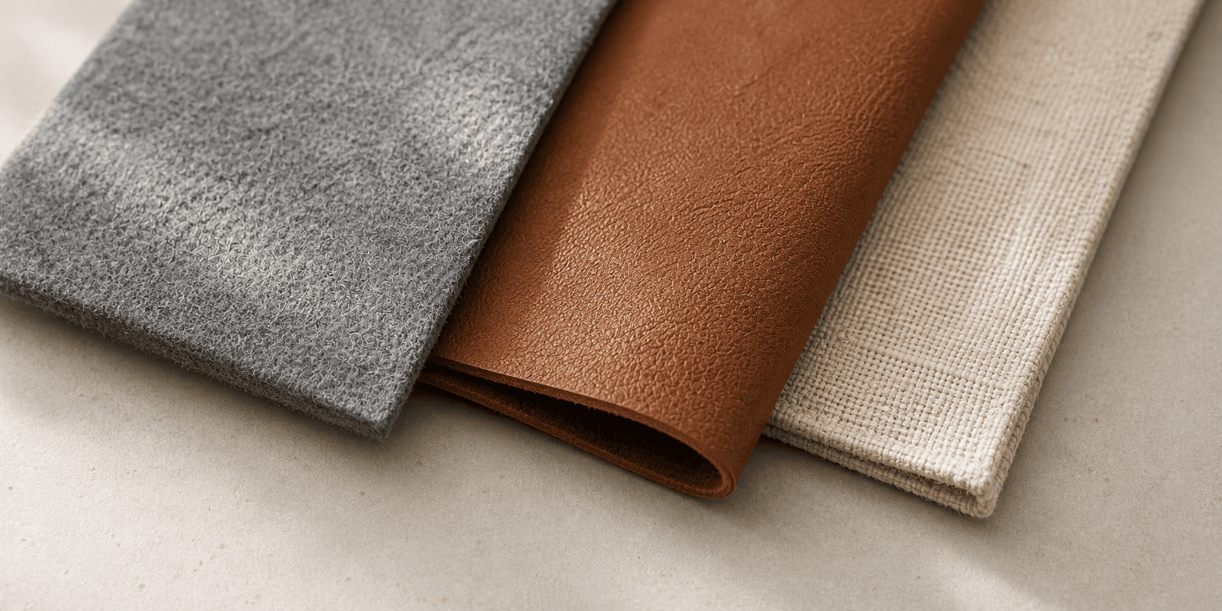 Grauer Filz, braunes Leder und heller Stoff als Materialproben