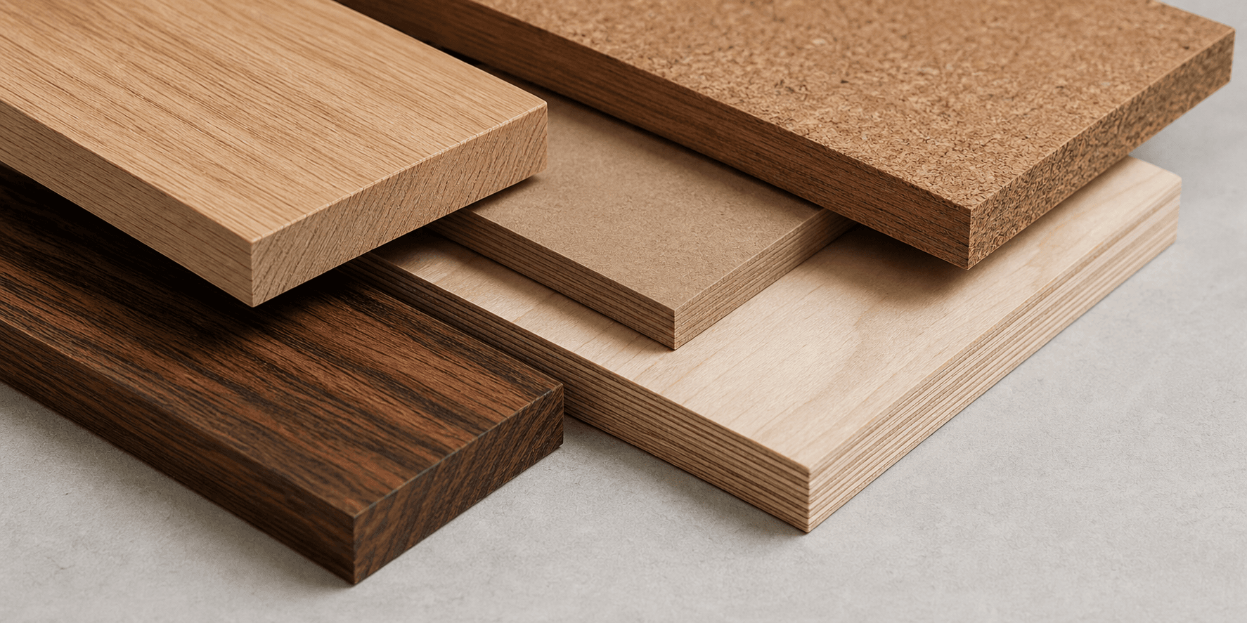 Verschiedene Holz- und Plattenmaterialien übereinander geschichtet