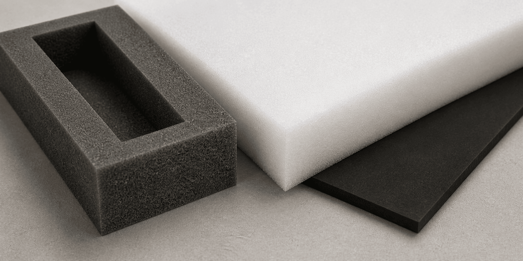 Schaumstoff- und Spezialmaterialien in Schwarz, Weiß und Dunkelgrau