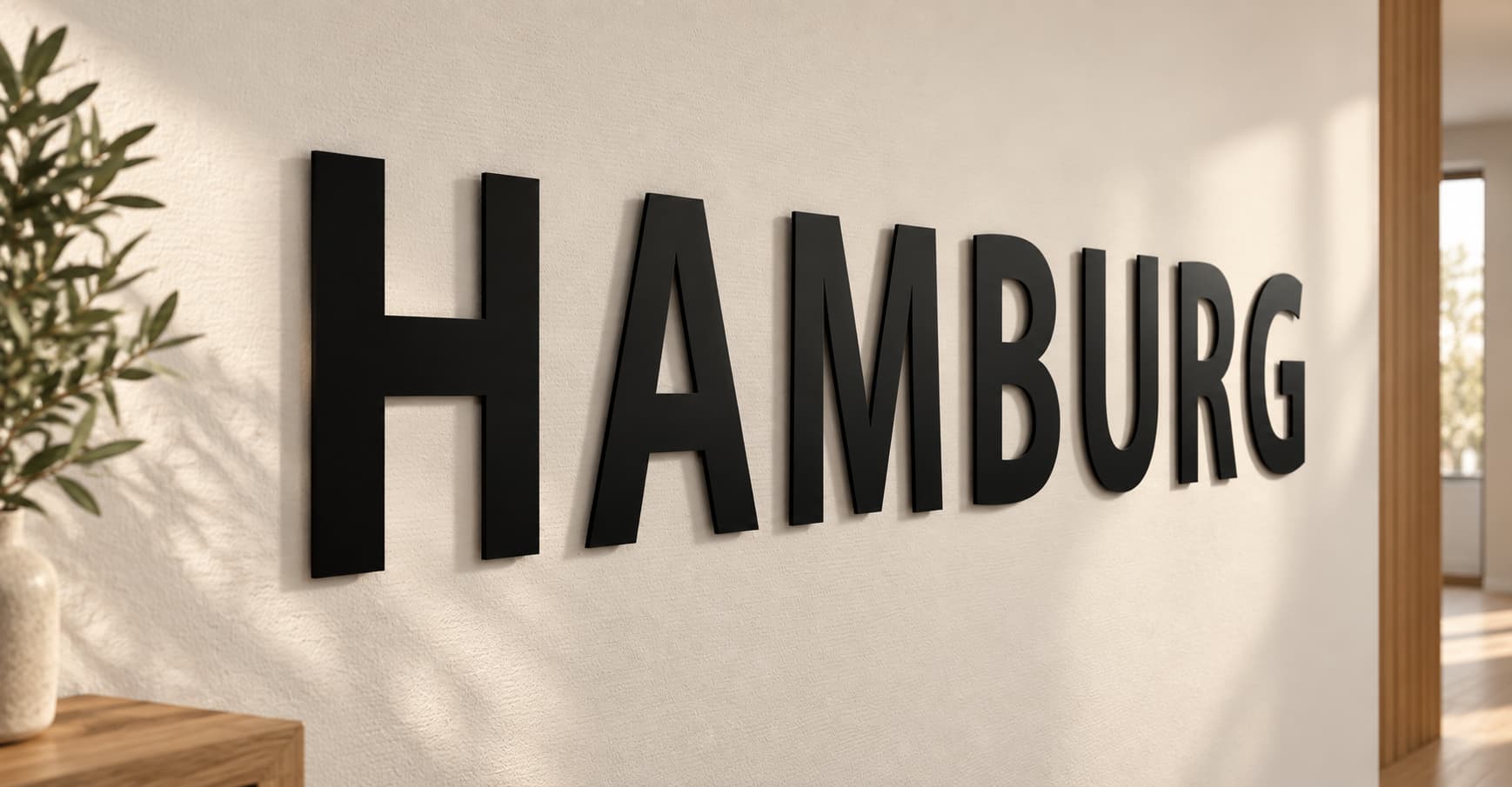 Schwarzer dreidimensionaler Schriftzug HAMBURG an heller Wand