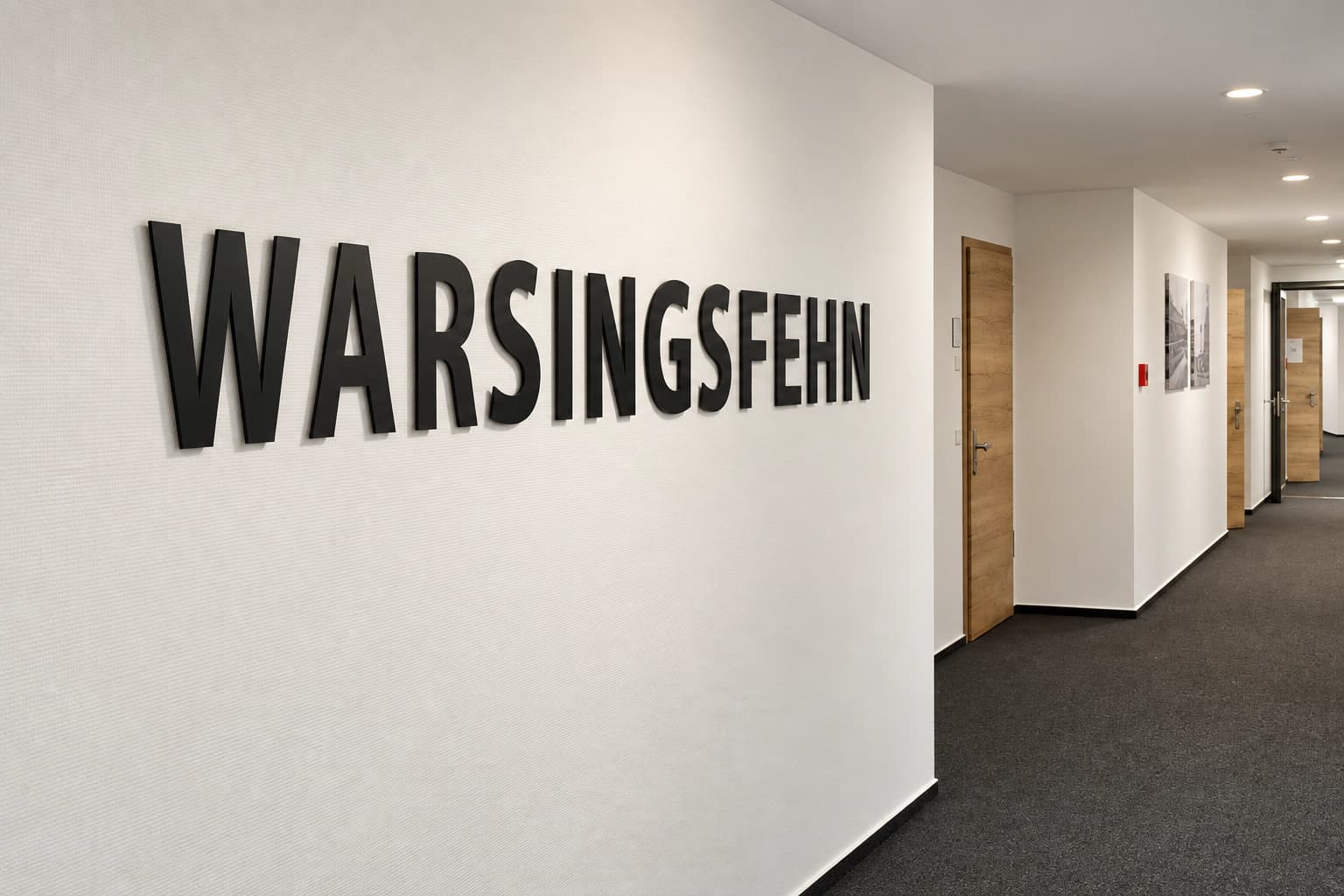 Dreidimensionaler schwarzer Schriftzug WARSINGSFEHN in einem hellen Flur