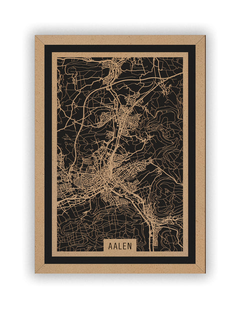 Stadtplan Aalen aus Holz – Wandbild in Natur mit Rahmen