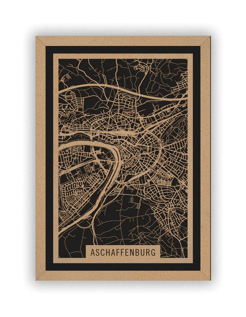 Stadtplan Aschaffenburg aus Holz – Wandbild in Natur mit Rahmen