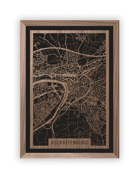 Stadtplan Aschaffenburg aus Holz – Wandbild in Nussbaum mit Rahmen