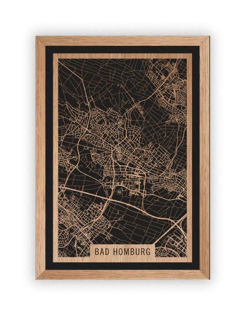 Stadtplan Bad Homburg aus Holz – Wandbild in Eiche mit Rahmen