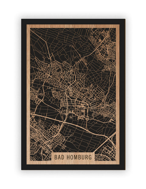 Stadtplan Bad Homburg aus Holz – Wandbild in Eiche ohne Rahmen
