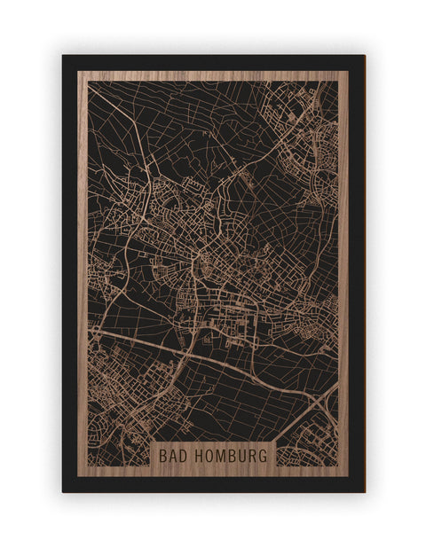 Stadtplan Bad Homburg aus Holz – Wandbild in Nussbaum ohne Rahmen