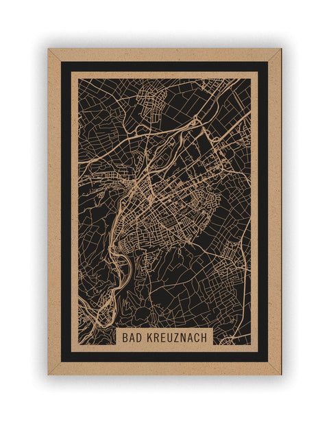 Stadtplan Bad Kreuznach aus Holz – Wandbild in Natur mit Rahmen