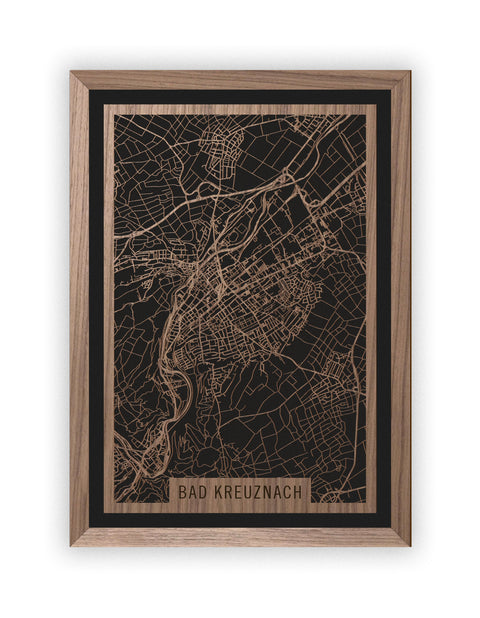 Stadtplan Bad Kreuznach aus Holz – Wandbild in Nussbaum mit Rahmen