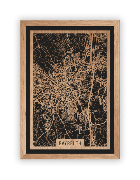 Stadtplan Bayreuth aus Holz – Wandbild in Eiche mit Rahmen