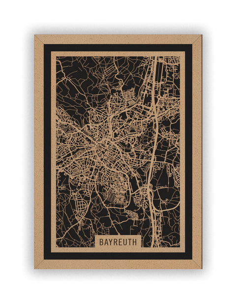 Stadtplan Bayreuth aus Holz – Wandbild in Natur mit Rahmen