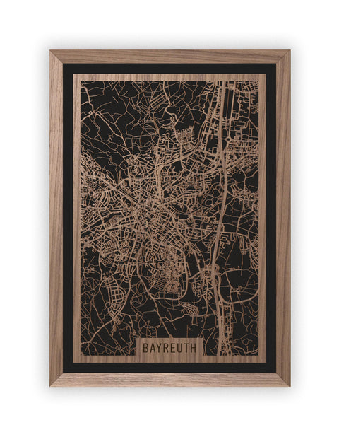 Stadtplan Bayreuth aus Holz – Wandbild in Nussbaum mit Rahmen