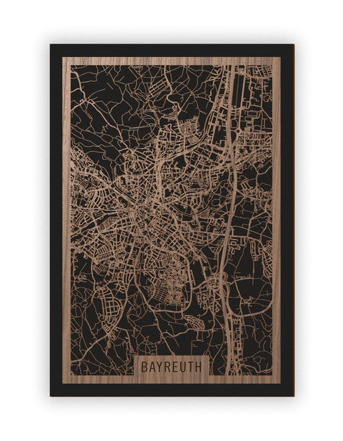 Stadtplan Bayreuth aus Holz – Wandbild in Nussbaum ohne Rahmen