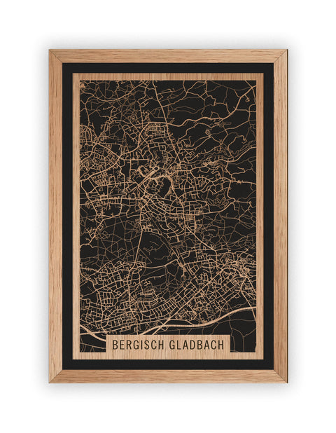 Stadtplan Bergisch Gladbach aus Holz – Wandbild in Eiche mit Rahmen