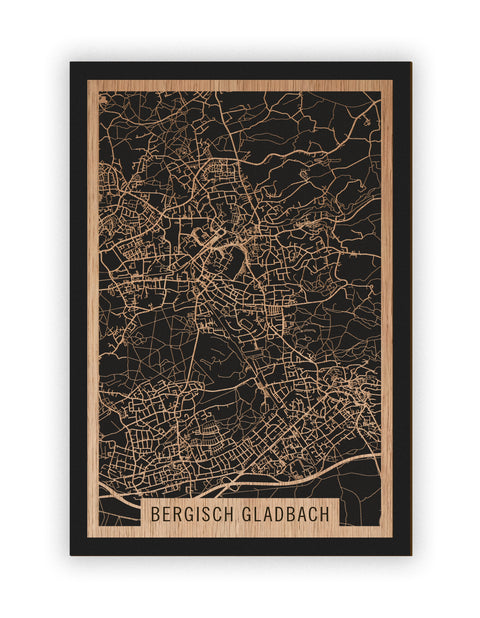 Stadtplan Bergisch Gladbach aus Holz – Wandbild in Eiche ohne Rahmen